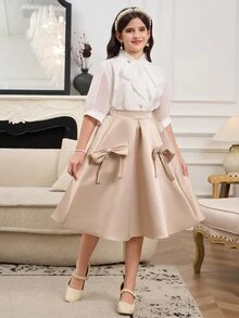 SHEIN 青少年女孩香檳色聚酯纖維A字中長裙 拉鍊細節可愛裙子 - 香檳色 - 查看 8