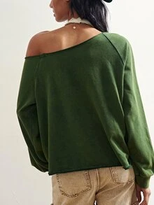 Bohemela 休閒街頭風女款針織衛衣，圖案純色設計，不對稱肩領，長袖寬鬆版型，深綠色，適合秋季旅行、日常與外出穿著 - 綠色 - 查看 7