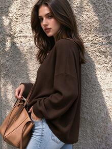 Cévolie Solid Textured Knit Half Button Placket Drop Shoulder Oversize Sweatshirt - Coffee Brown - View 1