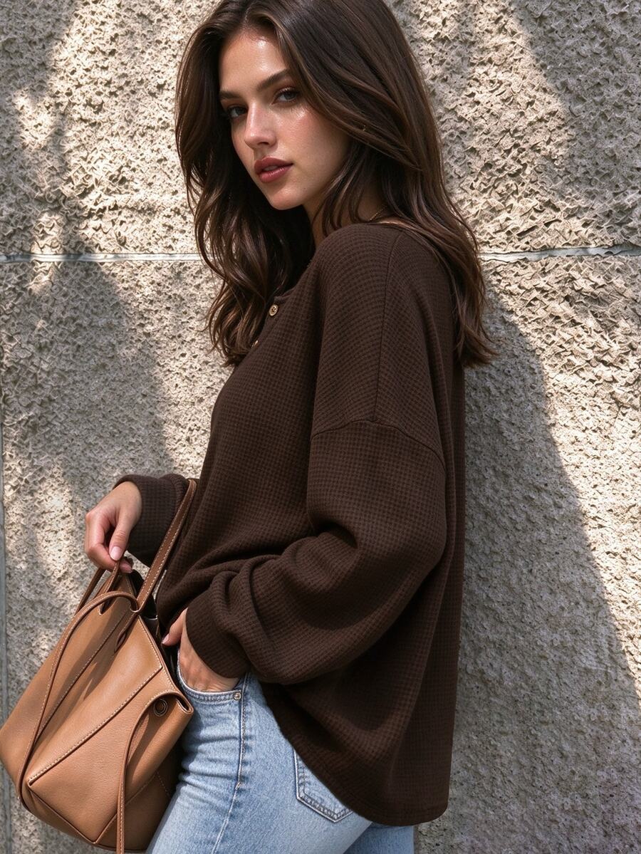 Cévolie Solid Textured Knit Half Button Placket Drop Shoulder Oversize Sweatshirt - Coffee Brown - View 1