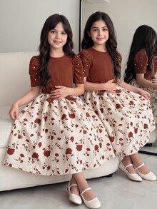 Elegant Cute Knitted Ribbed Mini Dress With Brown Floral Print And Pearl Embellishments Perfect For Spring Summer Everyday Wear Or Vacations Party - Coffee Brown - View 4