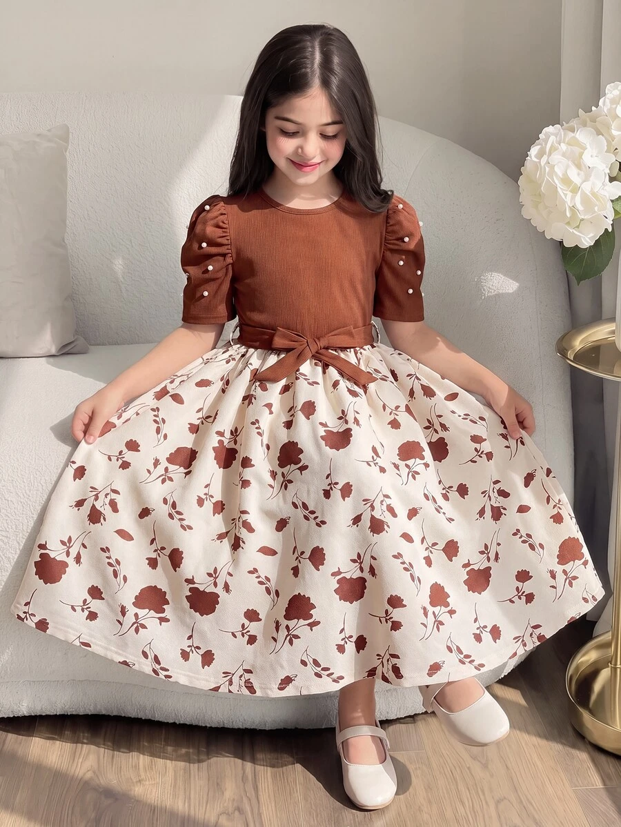 Elegant Cute Knitted Ribbed Mini Dress With Brown Floral Print And Pearl Embellishments Perfect For Spring Summer Everyday Wear Or Vacations Party