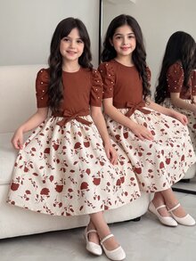 Elegant Cute Knitted Ribbed Mini Dress With Brown Floral Print And Pearl Embellishments Perfect For Spring Summer Everyday Wear Or Vacations Party - Coffee Brown - View 3