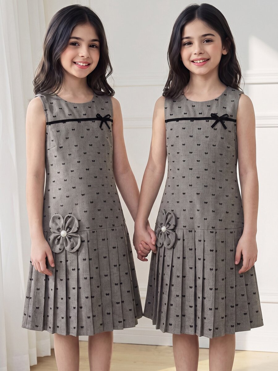 SHEIN 青少年女孩灰色無袖迷你洋裝,圖案蝴蝶結設計,休閒可愛學院風校園夏季穿搭 - 灰色 - 查看 1