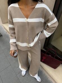 SHEIN Striped V Neck Button Front Knit Cardigan & Midi Skirt Set - Brown - View 6