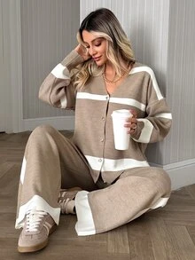 SHEIN Striped V Neck Button Front Knit Cardigan & Midi Skirt Set - Brown - View 7
