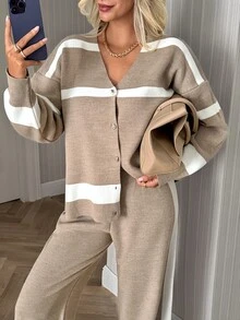 SHEIN Striped V Neck Button Front Knit Cardigan & Midi Skirt Set - Brown - View 4