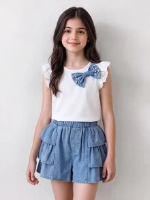 SHEIN 青少年女孩 2件組 短袖圓領 3D丹寧蝴蝶結 T恤 荷葉邊下擺短褲迷你套裝 藍色 白色 天藍色 夏季可愛度假生日上學穿搭 - 白色 - 查看 2