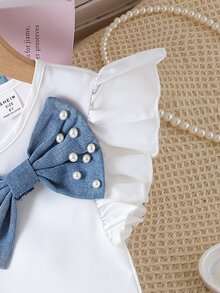 SHEIN 青少年女孩 2件組 短袖圓領 3D丹寧蝴蝶結 T恤 荷葉邊下擺短褲迷你套裝 藍色 白色 天藍色 夏季可愛度假生日上學穿搭 - 白色 - 查看 11
