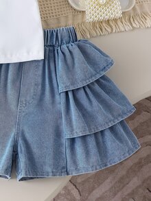SHEIN 青少年女孩 2件組 短袖圓領 3D丹寧蝴蝶結 T恤 荷葉邊下擺短褲迷你套裝 藍色 白色 天藍色 夏季可愛度假生日上學穿搭 - 白色 - 查看 9