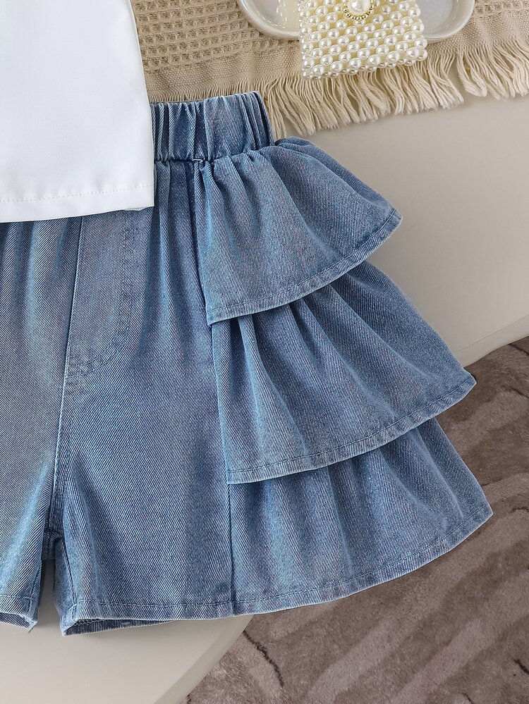 SHEIN Tween Girls 2pcs/Set Cap Sleeve Round Neck 3D Denim Bow T-Shirt Ruffled Hem Shorts Mini Set Blue White Birthday School Sky Blue Summer Cute Holiday - White - View 8