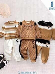 Boys Fleece Black White Brown Colorblock Racing Smart Patchwork Letter Print Crew Neck Sweatshirt Matching Pants Set School Family Autumn/Winter - Multicolor - View 1