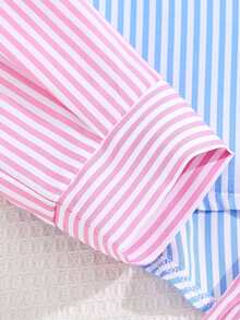 SHEIN Tween Girls Fall Outfits 2pcs/Set Pastel Pink Striped Patchwork Bow Decor Long Sleeve Polo Collar Shirt And Shorts Outfit School Cheer Preppy Cute - Pink - View 8