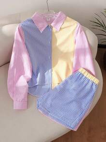 SHEIN Tween Girls Fall Outfits 2pcs/Set Pastel Pink Striped Patchwork Bow Decor Long Sleeve Polo Collar Shirt And Shorts Outfit School Cheer Preppy Cute - Pink - View 3