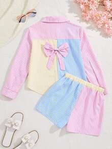 SHEIN Tween Girls Fall Outfits 2pcs/Set Pastel Pink Striped Patchwork Bow Decor Long Sleeve Polo Collar Shirt And Shorts Outfit School Cheer Preppy Cute - Pink - View 6