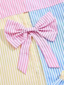SHEIN Tween Girls Fall Outfits 2pcs/Set Pastel Pink Striped Patchwork Bow Decor Long Sleeve Polo Collar Shirt And Shorts Outfit School Cheer Preppy Cute - Pink - View 7