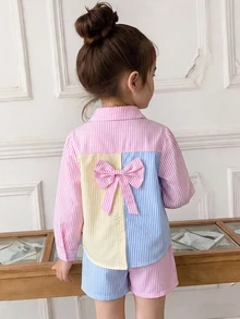 SHEIN Tween Girls Fall Outfits 2pcs/Set Pastel Pink Striped Patchwork Bow Decor Long Sleeve Polo Collar Shirt And Shorts Outfit School Cheer Preppy Cute - Pink - View 2