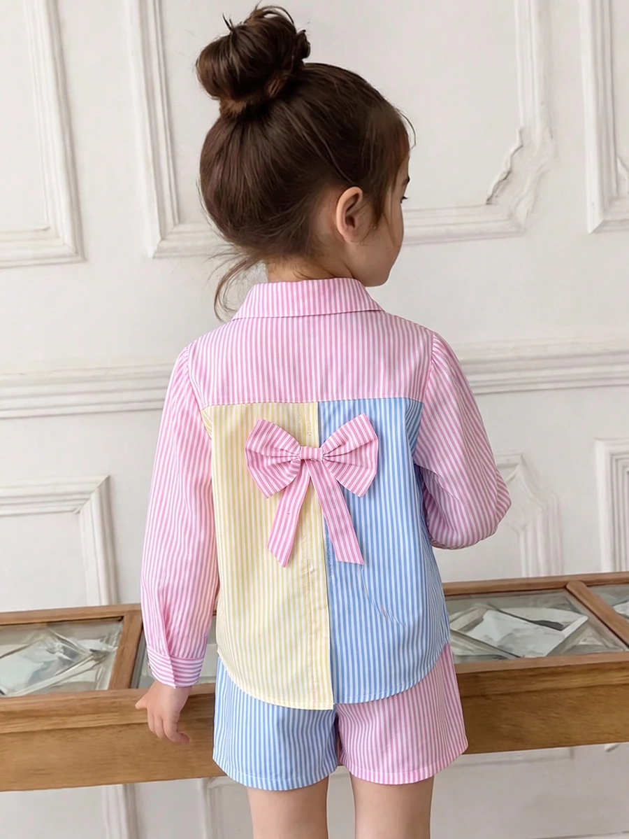 SHEIN Tween Girls Fall Outfits 2pcs/Set Pastel Pink Striped Patchwork Bow Decor Long Sleeve Polo Collar Shirt And Shorts Outfit School Cheer Preppy Cute