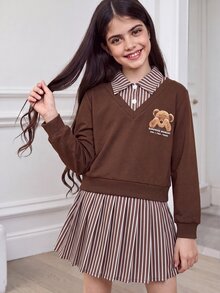 SHEIN 青少年女孩 2 件套連帽衫套裝，復古寬鬆針織休閒秋季服飾，卡通百褶條紋娃娃上衣與裙子，韓系風格 - 彩色 - 查看 3