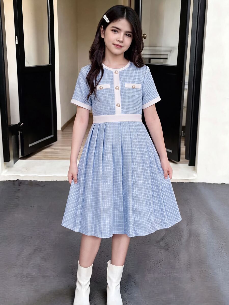 SHEIN 青少年女孩 1件 藍白條紋拼接 腰部抓褶下擺圓領短袖休閒學院風優雅迷你洋裝 夏季日常校園派對穿搭