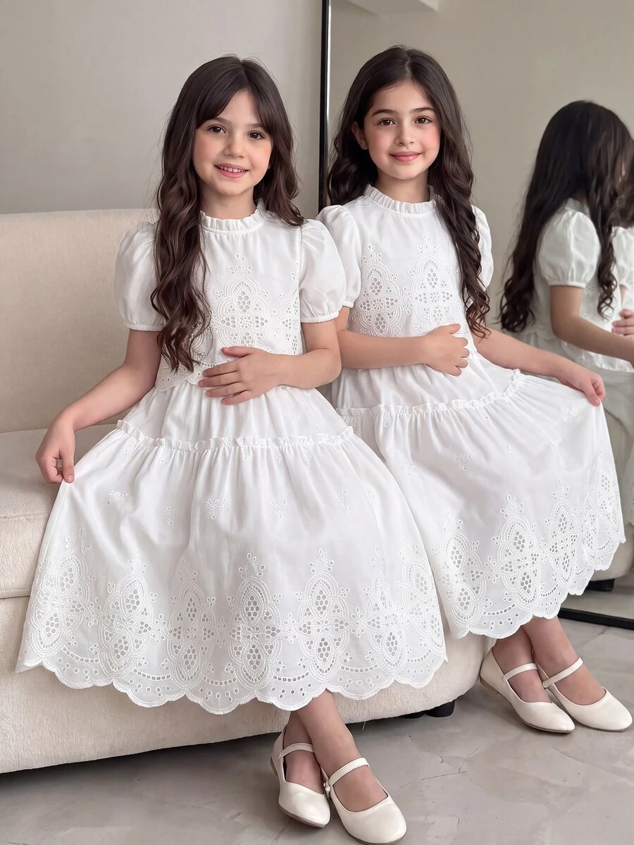 SHEIN Tween Girls 2pcs/Set Children's All White Summer Tea Party Holiday Wedding Korean Fashion Cute Western Short Sleeved Mori Style Top Mini Skirt - White - View 1
