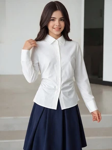 SHEIN Teen Girls Autumn Tops Solid Color Long Sleeve Single-Breasted Pleated Casual Elegant Shirt Outfit Comfortable Daily Minimalist Formal College White - White - View 4