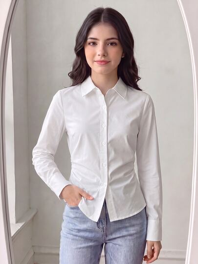 SHEIN Teen Girls Autumn Tops Solid Color Long Sleeve Single-Breasted Pleated Casual Elegant Shirt Outfit Comfortable Daily Minimalist Formal College White