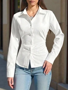 SHEIN Teen Girls Autumn Tops Solid Color Long Sleeve Single-Breasted Pleated Casual Elegant Shirt Outfit Comfortable Daily Minimalist Formal College White - White - View 11