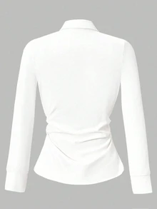 SHEIN Teen Girls Autumn Tops Solid Color Long Sleeve Single-Breasted Pleated Casual Elegant Shirt Outfit Comfortable Daily Minimalist Formal College White - White - View 6
