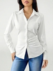 SHEIN Teen Girls Autumn Tops Solid Color Long Sleeve Single-Breasted Pleated Casual Elegant Shirt Outfit Comfortable Daily Minimalist Formal College White - White - View 5