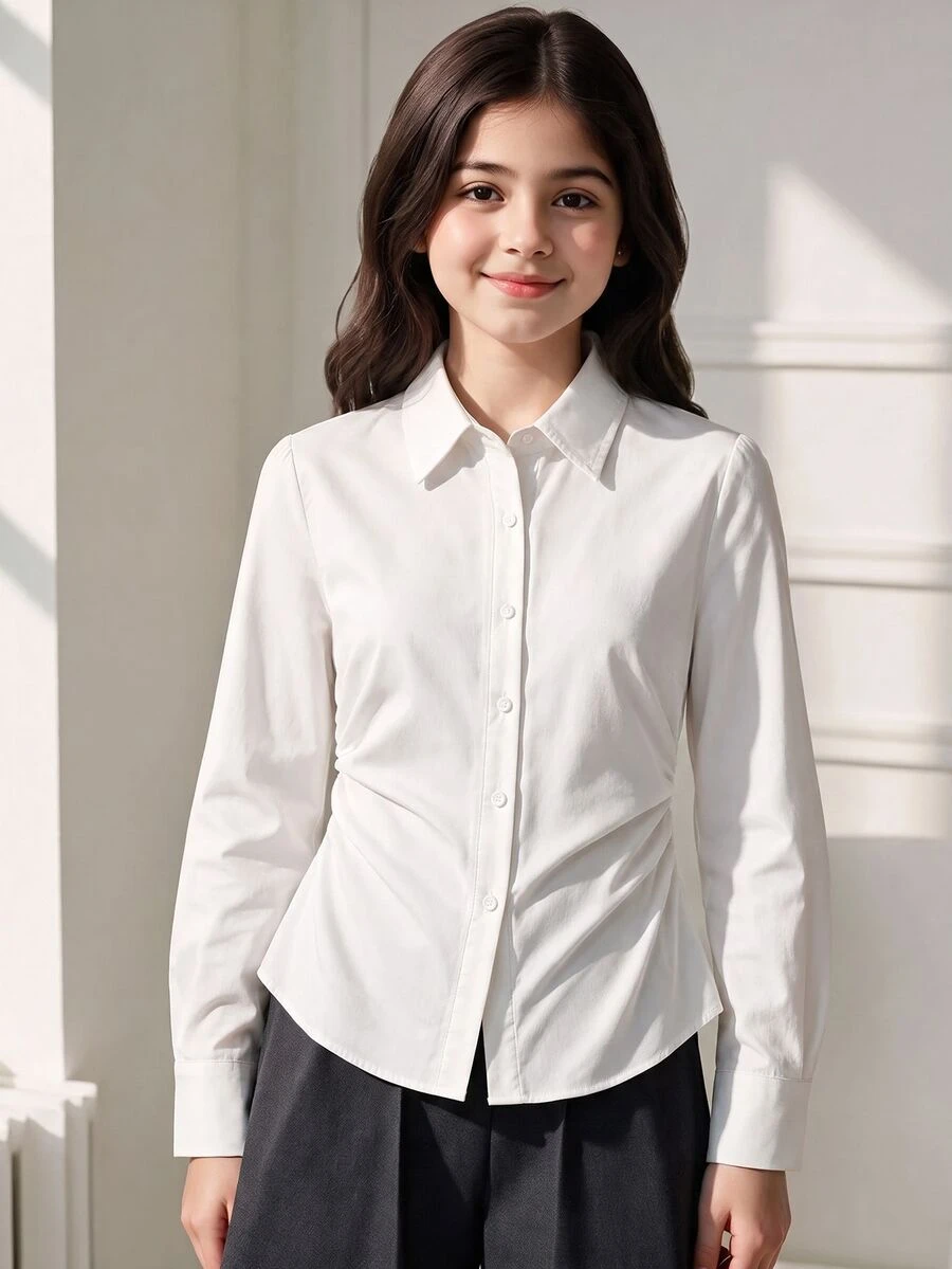 SHEIN Teen Girls Autumn Tops Solid Color Long Sleeve Single-Breasted Pleated Casual Elegant Shirt Outfit Comfortable Daily Minimalist Formal College White