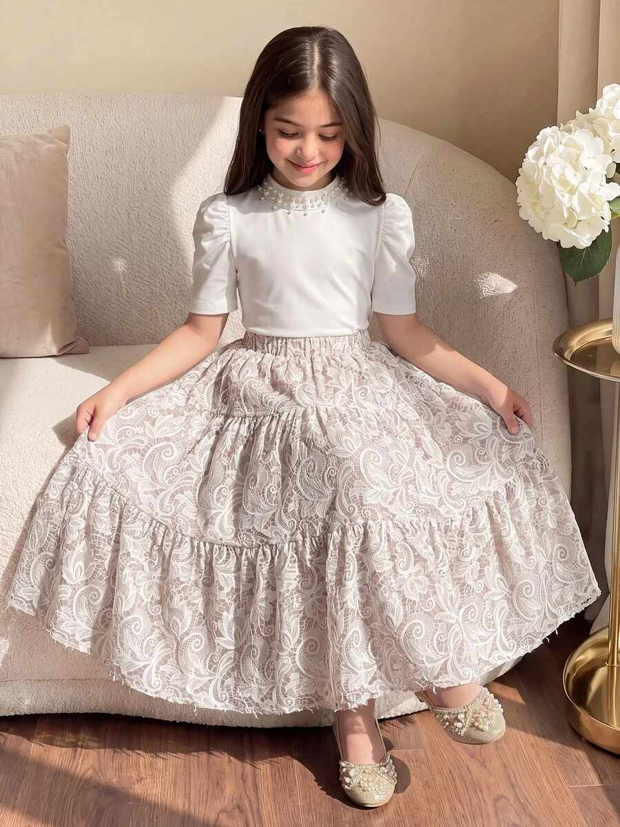 SHEIN Tween Girls 2pcs/Set Short Sleeve Round Neck Beaded Decor T-Shirt & Faux Lace Print Mini Skirt Set, Autumn/Winter Outfit, Back To School