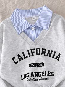 SHEIN Tween Girls Fall Outfits Tops Loose Casual 80s Cute Collared Striped Plaid A-Line Mini Skirt School Off Campus Grey Black - Multicolor - View 9