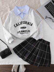 SHEIN Tween Girls Fall Outfits Tops Loose Casual 80s Cute Collared Striped Plaid A-Line Mini Skirt School Off Campus Grey Black - Multicolor - View 8