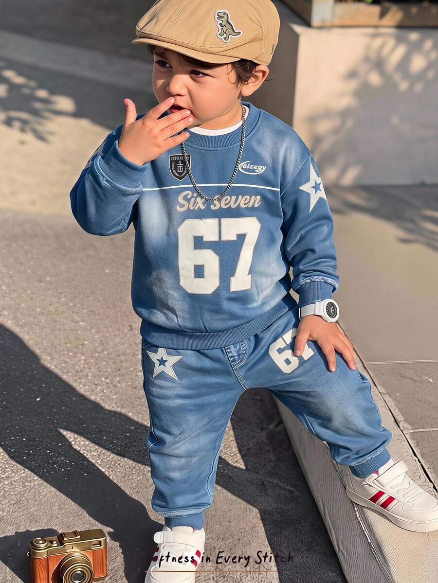 2pcs/Set Young Boys Contrast Color Casual Creative Wear, Number 67 Print Crew Neck Sweatshirt And Matching Pants - Multicolor - View 1