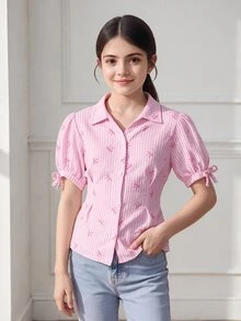 SHEIN 女童粉白條紋休閒可愛學院風格紋蝴蝶結短袖襯衫，適合學校與夏季假期 - 粉色 - 查看 3