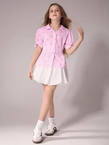 SHEIN 女童粉白條紋休閒可愛學院風格紋蝴蝶結短袖襯衫，適合學校與夏季假期 - 粉色 - 查看 7
