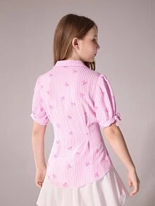 SHEIN 女童粉白條紋休閒可愛學院風格紋蝴蝶結短袖襯衫，適合學校與夏季假期 - 粉色 - 查看 5