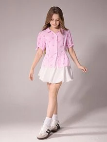 SHEIN 女童粉白條紋休閒可愛學院風格紋蝴蝶結短袖襯衫，適合學校與夏季假期 - 粉色 - 查看 6