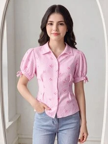 SHEIN 女童粉白條紋休閒可愛學院風格紋蝴蝶結短袖襯衫，適合學校與夏季假期 - 粉色 - 查看 2