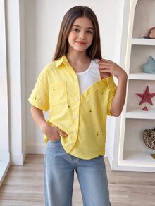 SHEIN 女童清新休閒風襯衫，適合校園、外出與日常穿著，夏季款黃色條紋鳳梨印花假兩件拼接短袖上衣 - 黃色 - 查看 1