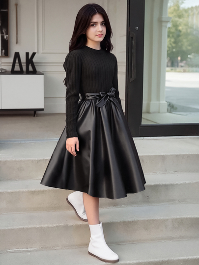 SHEIN 1件青少年女孩黑色秋季優雅晚宴正式圓領長袖羅紋針織拼接花卉下擺洋裝，甜美淑女風皮革裙