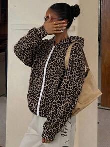 SHEIN Teen Girl Casual Loose Fit Leopard Printed Front Open Autumn Sweatshirt, Minimalist Design, Suitable For Leisure And Workout - Brown - View 7