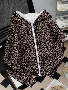 SHEIN Teen Girl Casual Loose Fit Leopard Printed Front Open Autumn Sweatshirt, Minimalist Design, Suitable For Leisure And Workout - Brown - View 2