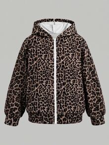 SHEIN Teen Girl Casual Loose Fit Leopard Printed Front Open Autumn Sweatshirt, Minimalist Design, Suitable For Leisure And Workout - Brown - View 5