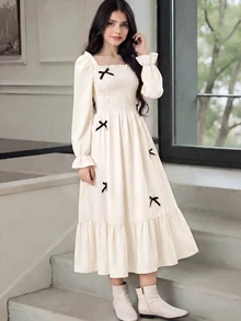 SHEIN Teen Girls Fall Dresses Ruched Elegant Cute Katseye White Mid-Length Mini Square Neck Puff Sleeve Bow Waist Ruffle Birthday Prom - Apricot - View 3