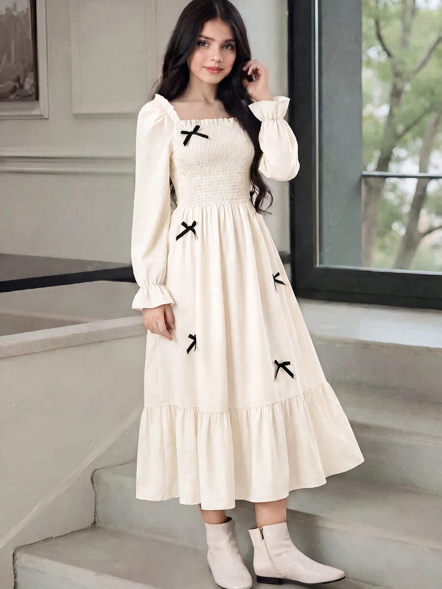 SHEIN Teen Girls Fall Dresses Ruched Elegant Cute Katseye White Mid-Length Mini Square Neck Puff Sleeve Bow Waist Ruffle Birthday Prom