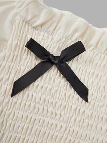 SHEIN Teen Girls Fall Dresses Ruched Elegant Cute Katseye White Mid-Length Mini Square Neck Puff Sleeve Bow Waist Ruffle Birthday Prom - Apricot - View 7