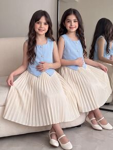 SHEIN Tween Girls 2 Pieces Set: Elegant Korean 80s Twee Button Vest + Pleated Midi Skirt, Spring/Summer Commuter Outfit Back-To-School Aqua Blue Gray Career - Blue - View 2
