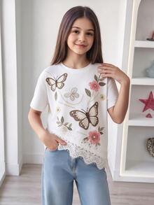 SHEIN 青少年女孩白色針織短版T恤，開學季復古寬鬆休閒極簡風，抽褶修身街頭風圖案T恤 - 彩色 - 查看 2